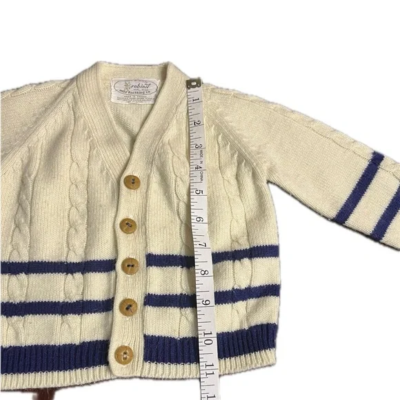 Vintage Baby boy acrylic sweater beige blue stripes Robinit May knitting co - Picture 5 of 10